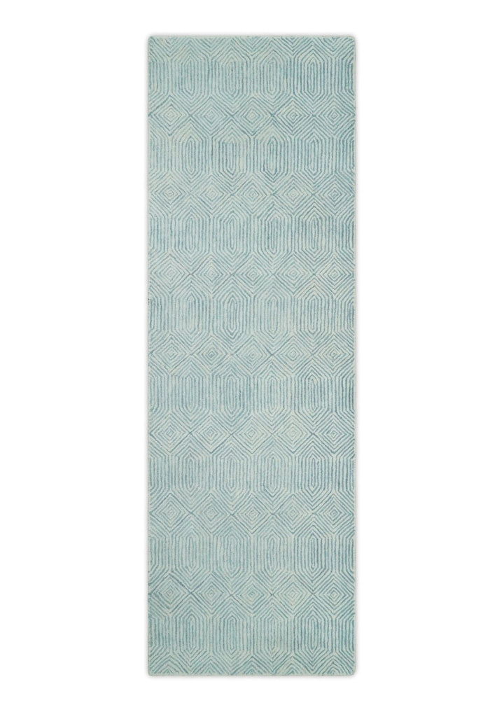 Ready to Ship Teal And Ivory Modern Contemporary Hand Tufted 2.6x8 Wool Rug - The Rug Decor