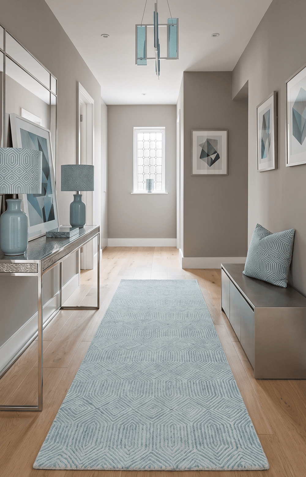 Ready to Ship Teal And Ivory Modern Contemporary Hand Tufted 2.6x8 Wool Rug - The Rug Decor