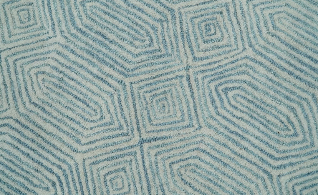 Ready to Ship Teal And Ivory Modern Contemporary Hand Tufted 2.6x8 Wool Rug - The Rug Decor