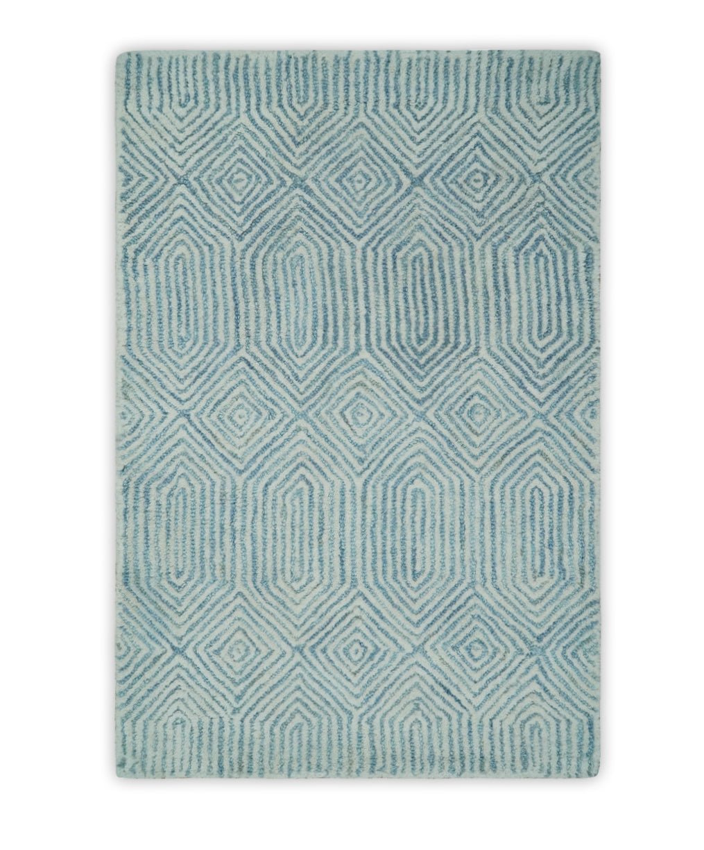 Ready to Ship Teal And Ivory Modern Contemporary Hand Tufted 2x3 Wool Rug - The Rug Decor