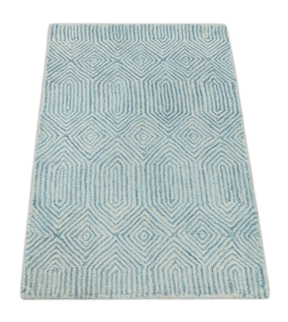 Ready to Ship Teal And Ivory Modern Contemporary Hand Tufted 2x3 Wool Rug - The Rug Decor