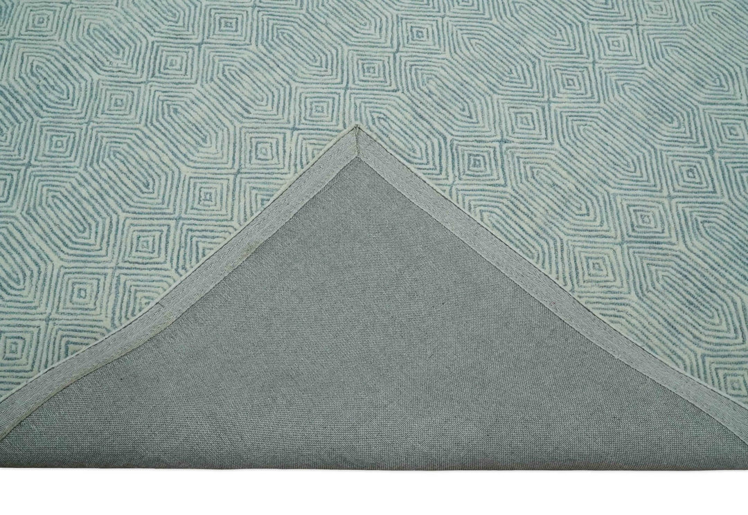 Ready to Ship Teal And Ivory Modern Contemporary Hand Tufted 8x10 Wool Rug - The Rug Decor