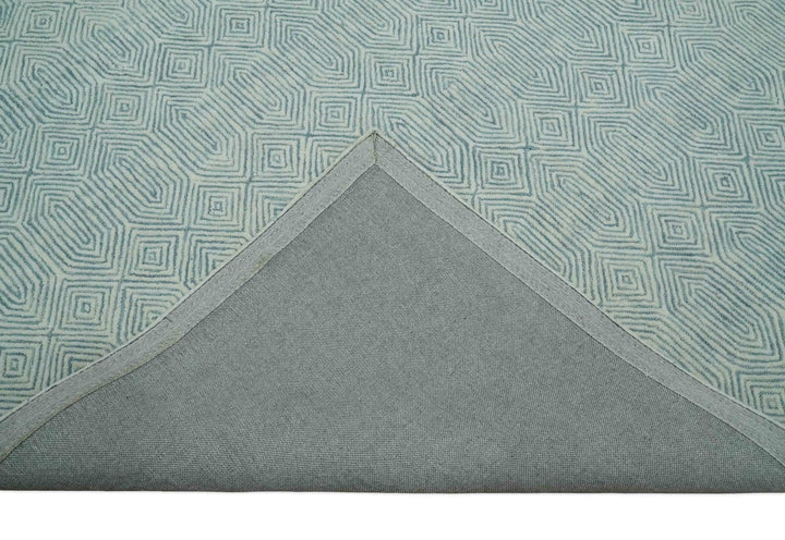 Ready to Ship Teal And Ivory Modern Contemporary Hand Tufted 8x10 Wool Rug - The Rug Decor