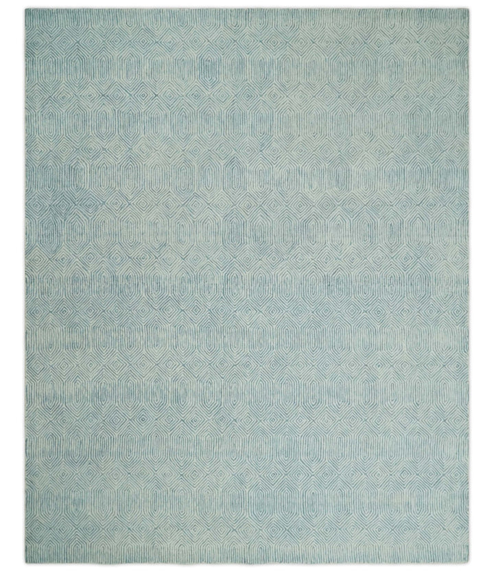 Ready to Ship Teal And Ivory Modern Contemporary Hand Tufted 8x10 Wool Rug - The Rug Decor