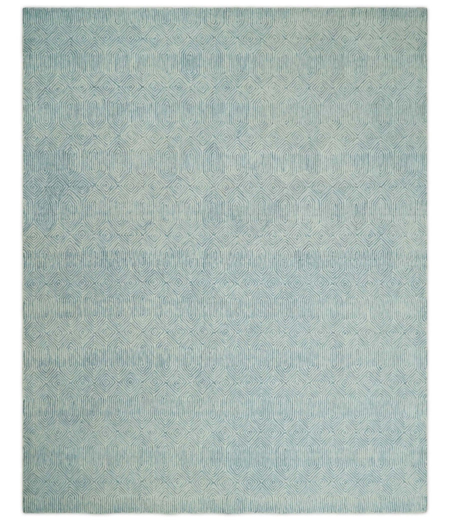 Ready to Ship Teal And Ivory Modern Contemporary Hand Tufted 8x10 Wool Rug - The Rug Decor