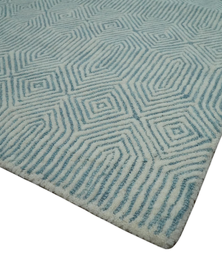 Ready to Ship Teal And Ivory Modern Contemporary Hand Tufted 8x10 Wool Rug - The Rug Decor