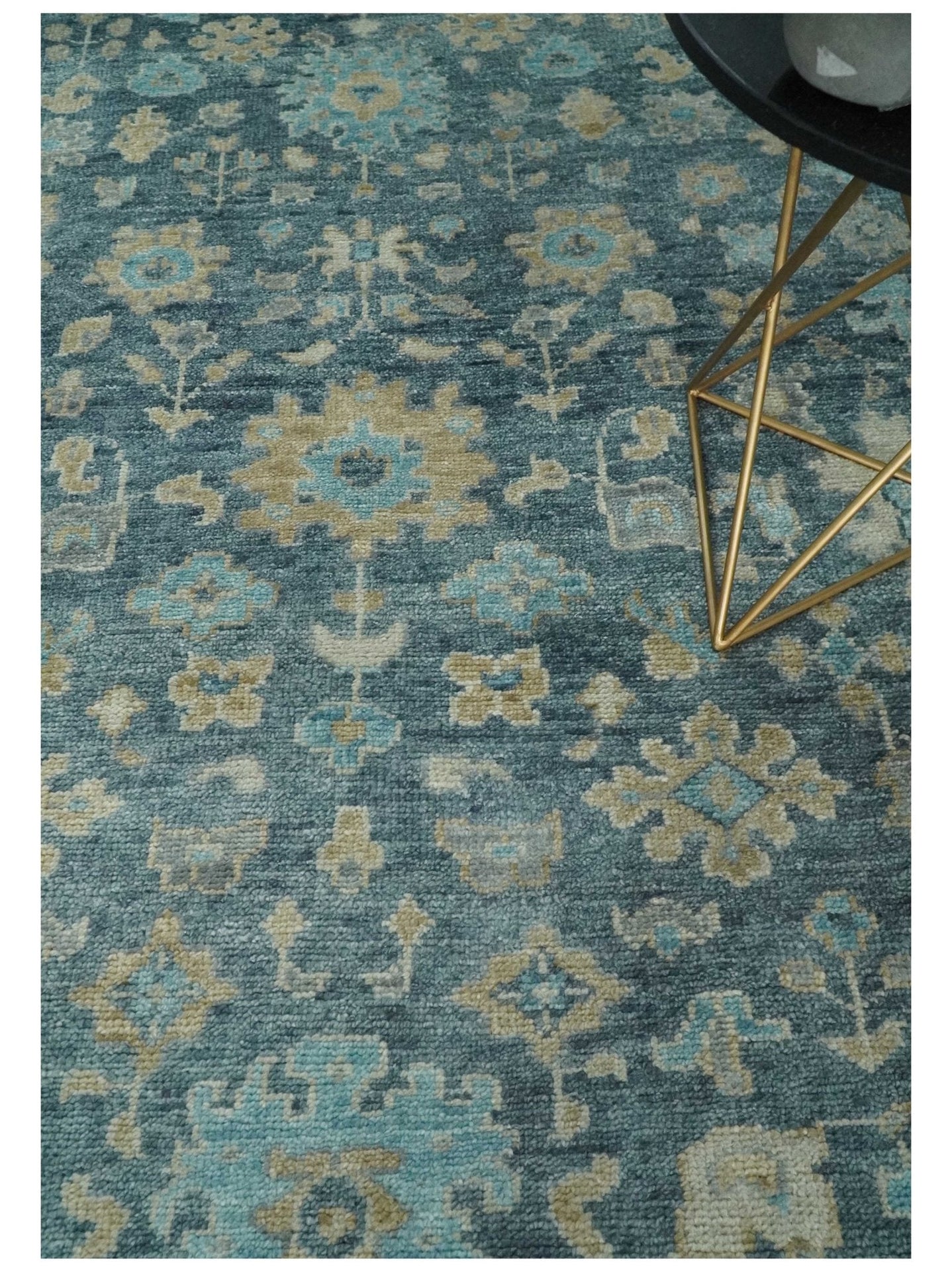 Ready to Ship Teal Blue Hand Knotted Oriental Oushak Ivory and Beige Wool Area Rug - The Rug Decor