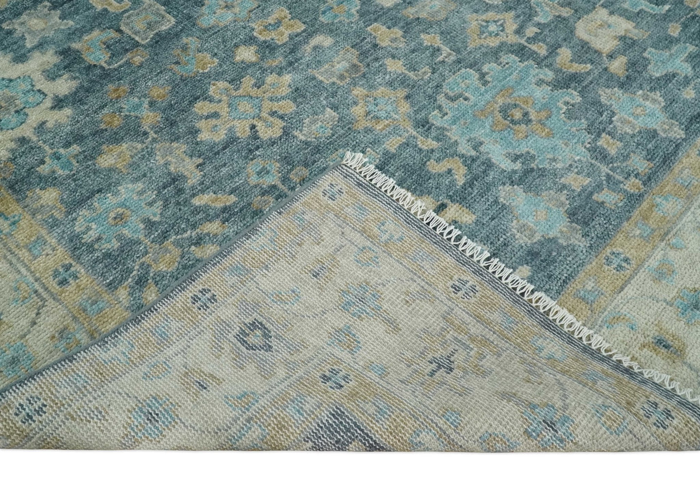 Ready to Ship Teal Blue Hand Knotted Oriental Oushak Ivory and Beige Wool Area Rug - The Rug Decor