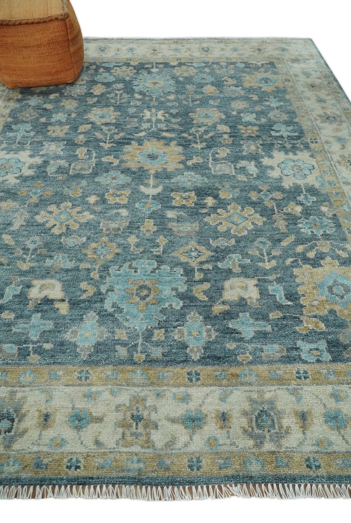 Ready to Ship Teal Blue Hand Knotted Oriental Oushak Ivory and Beige Wool Area Rug - The Rug Decor