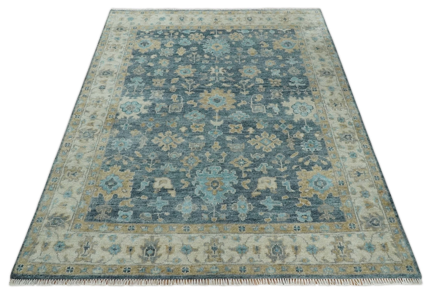 Ready to Ship Teal Blue Hand Knotted Oriental Oushak Ivory and Beige Wool Area Rug - The Rug Decor
