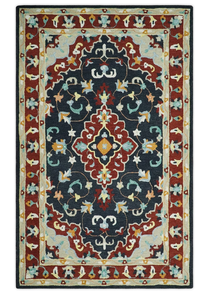 Ready to Ship Traditional Charcoal And Maroon Hand Tufted 5x8 Wool Rug - The Rug Decor