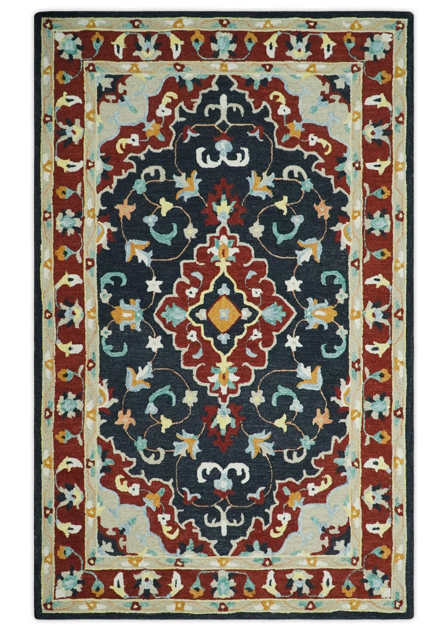 Ready to Ship Traditional Charcoal And Maroon Hand Tufted 5x8 Wool Rug - The Rug Decor