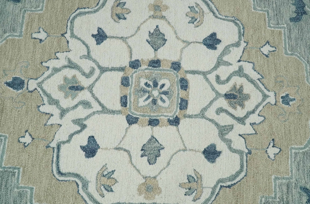 Ready to Ship Traditional Ivory And Blue Hand Tufted 5x8 Wool Rug - The Rug Decor