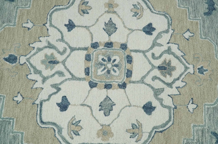 Ready to Ship Traditional Ivory And Blue Hand Tufted 5x8 Wool Rug - The Rug Decor