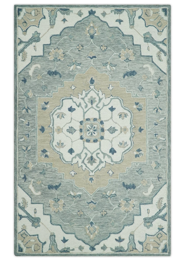 Ready to Ship Traditional Ivory And Blue Hand Tufted 5x8 Wool Rug - The Rug Decor