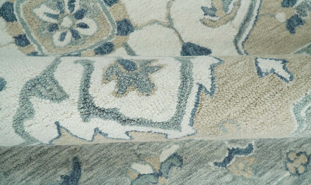 Ready to Ship Traditional Ivory And Blue Hand Tufted 5x8 Wool Rug - The Rug Decor