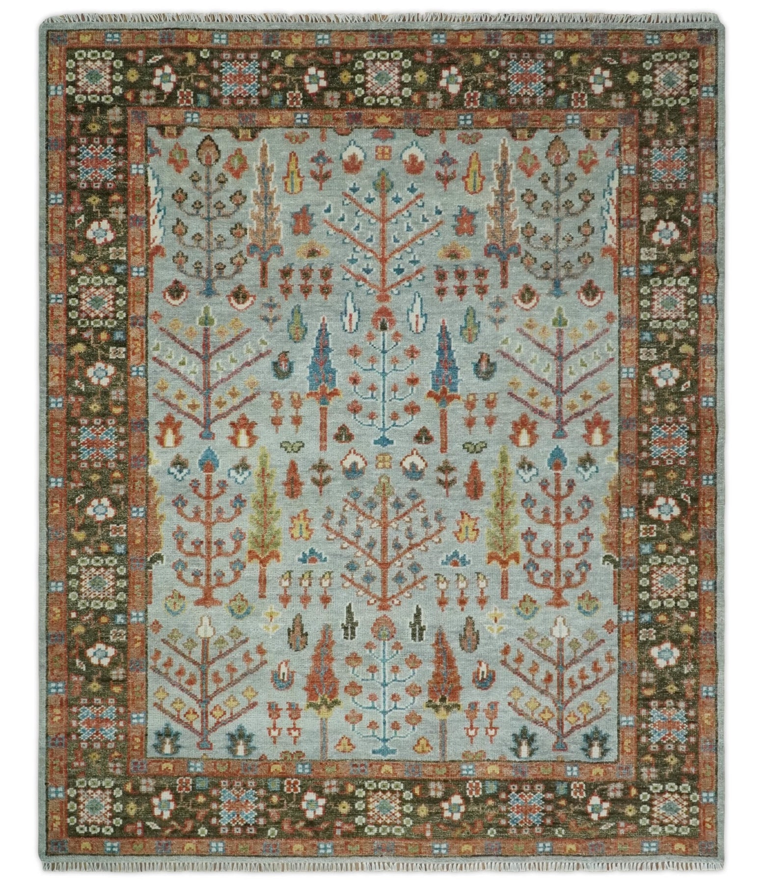 Tree of Life Silver Brown and Rust Traditional Vintage Oushak Wool Rug ...