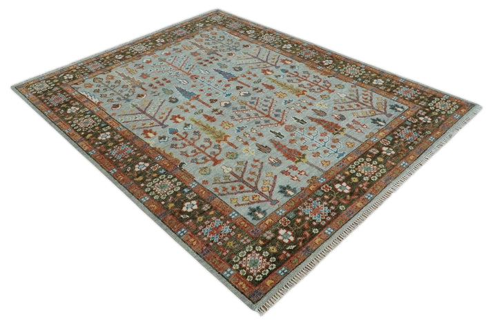 Ready to Ship Tree of Life Silver And Brown Hand Knotted 8x10 Wool Rug - The Rug Decor