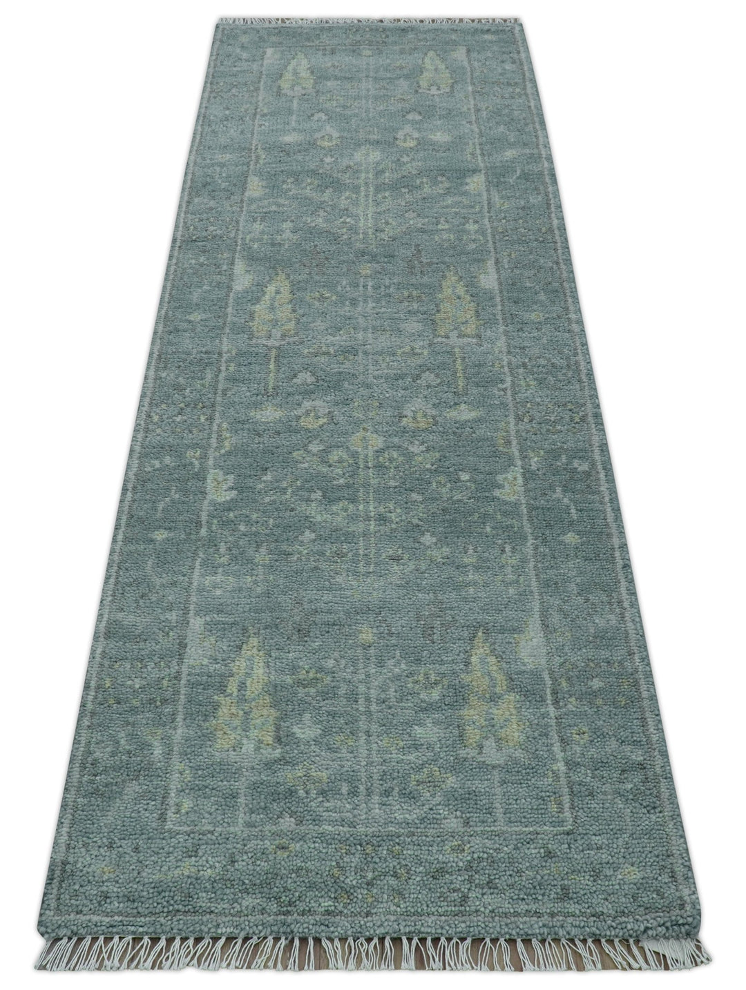 Ready to Ship Tree of life Teal And Beige 2.6x8 Wool Rug - The Rug Decor