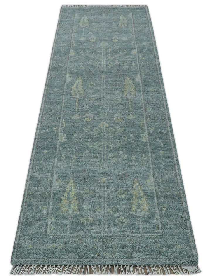Ready to Ship Tree of life Teal And Beige 2.6x8 Wool Rug - The Rug Decor