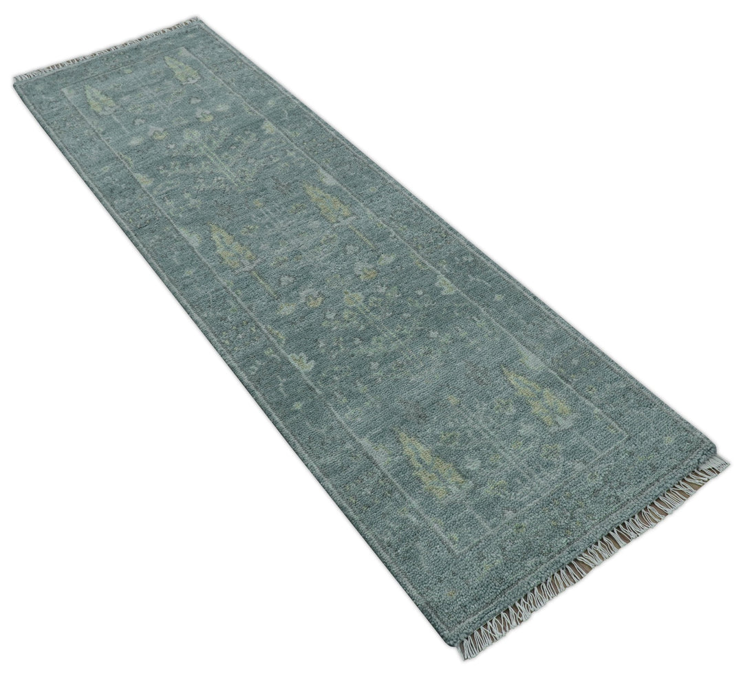 Ready to Ship Tree of life Teal And Beige 2.6x8 Wool Rug - The Rug Decor