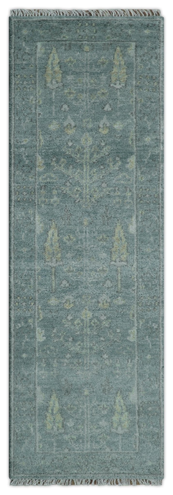 Ready to Ship Tree of life Teal And Beige 2.6x8 Wool Rug - The Rug Decor