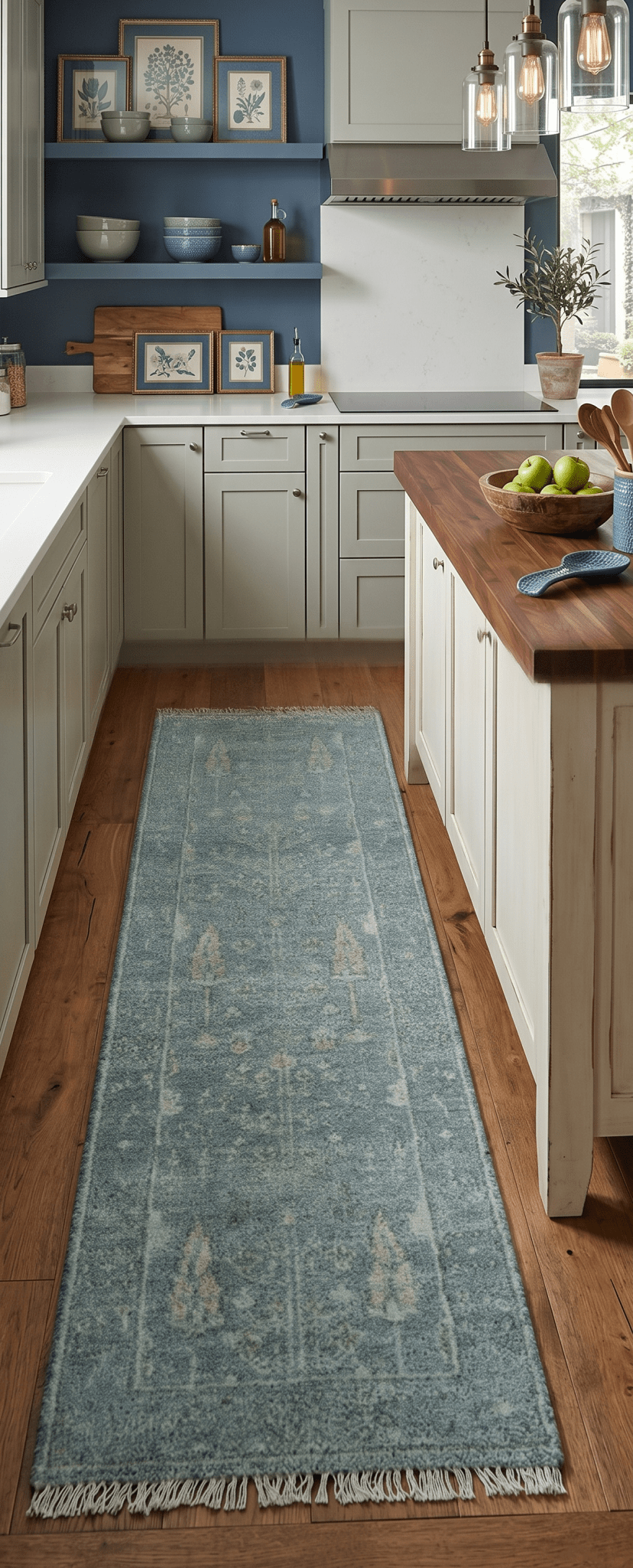 Ready to Ship Tree of life Teal And Beige 2.6x8 Wool Rug - The Rug Decor