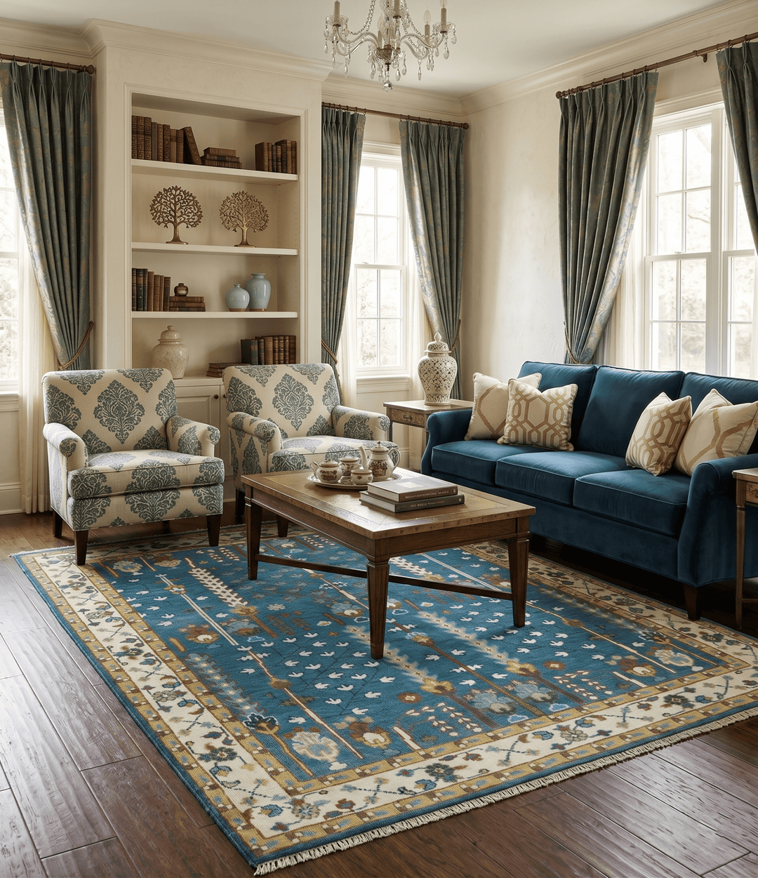 Ready to Ship Tree of Life Traditional Hand Knotted 8x10 Teal Blue and Ivory Wool Area Rug - The Rug Decor