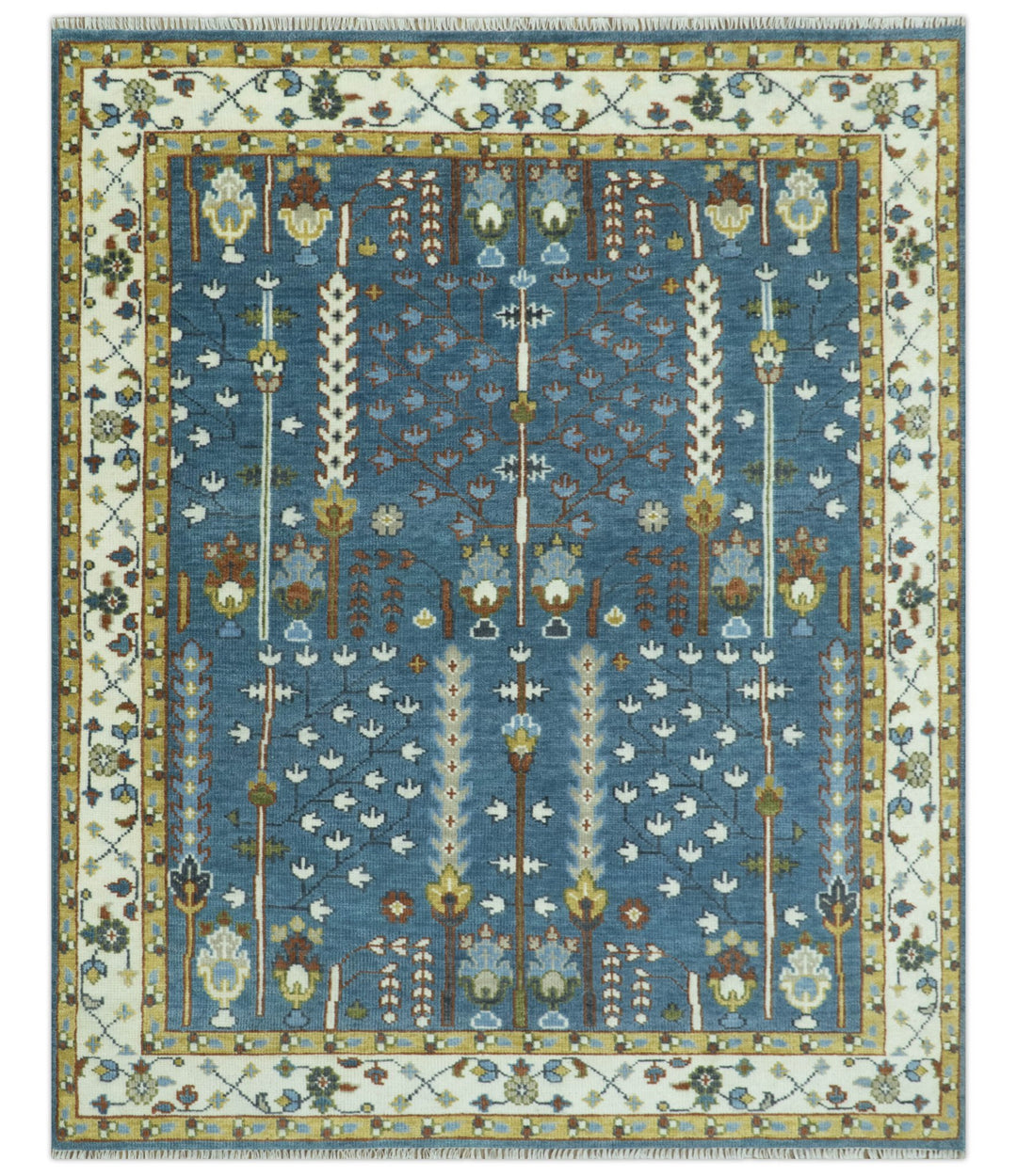 Ready to Ship Tree of Life Traditional Hand Knotted 8x10 Teal Blue and Ivory Wool Area Rug - The Rug Decor