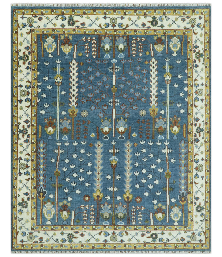 Ready to Ship Tree of Life Traditional Hand Knotted 8x10 Teal Blue and Ivory Wool Area Rug - The Rug Decor