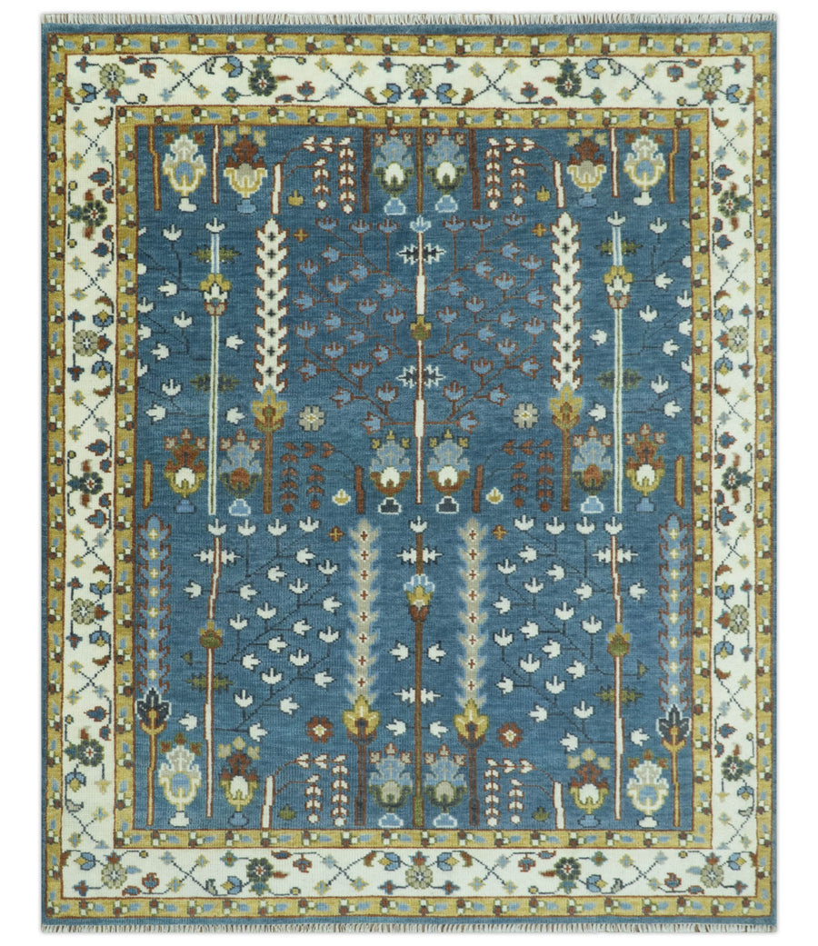 Ready to Ship Tree of Life Traditional Hand Knotted 8x10 Teal Blue and Ivory Wool Area Rug - The Rug Decor