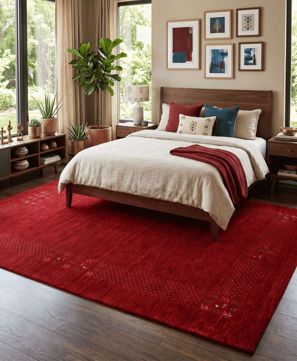 Red Contemporary Border Motifs Hand Loomed Wool Area Rug - The Rug Decor