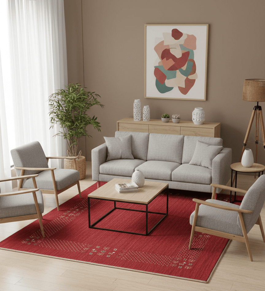 Red Contemporary Border Motifs Hand Loomed Wool Area Rug - The Rug Decor