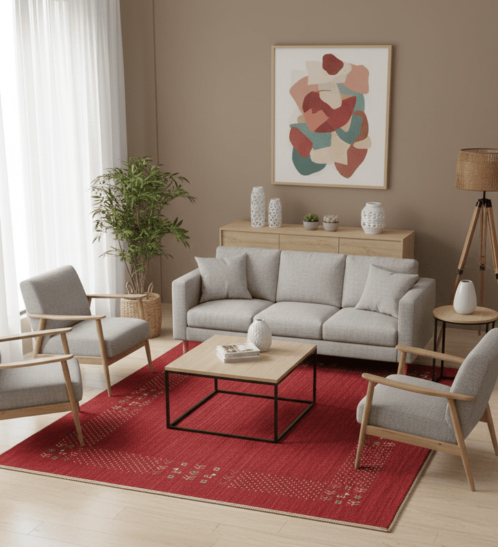 Red Contemporary Border Motifs Hand Loomed Wool Area Rug - The Rug Decor