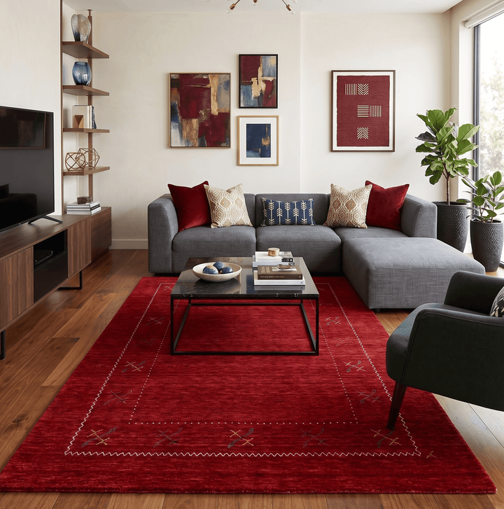 Red Gabbeh Border Design Hand Loomed Wool Area Rug - The Rug Decor