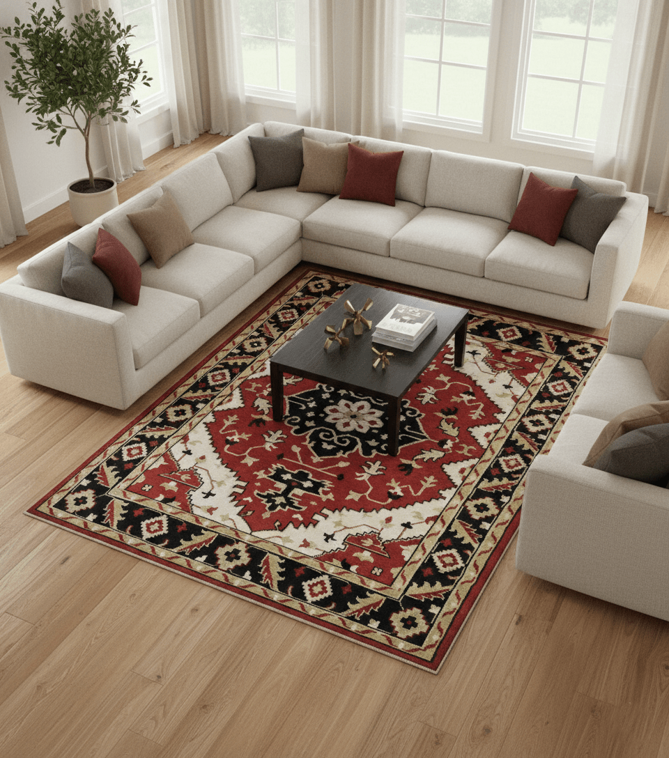 Red, Ivory, Black and Beige 8x10 Hand Knotted Traditional Heriz wool Rug - The Rug Decor