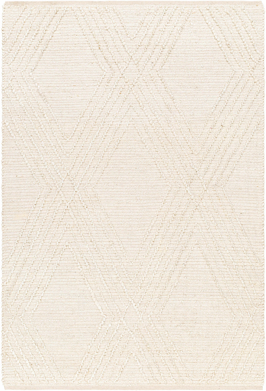Ivory hand-woven geometric area rug with diamond pattern, rectangular design