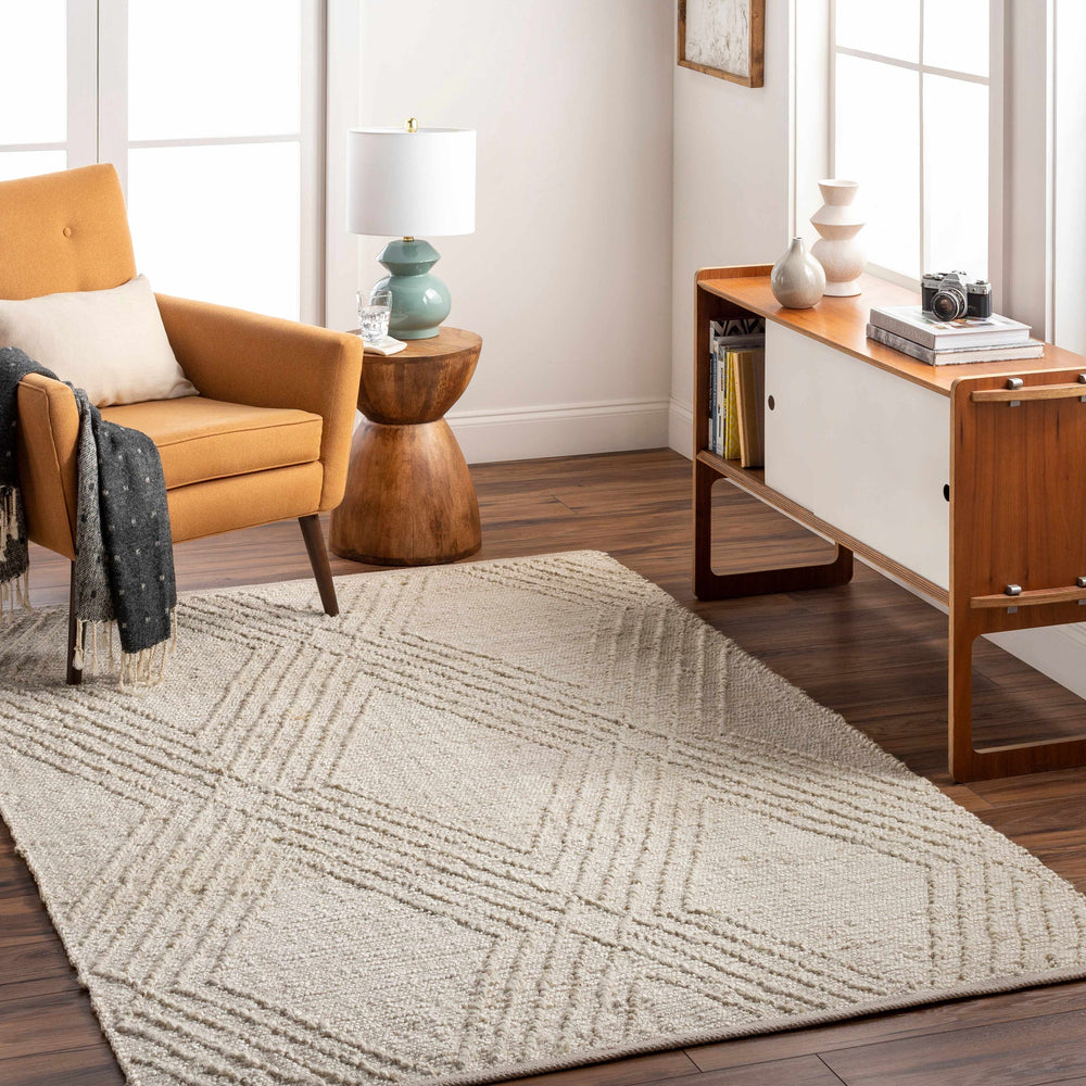Ivory geometric hand-woven area rug laid on hardwood floor in a living room