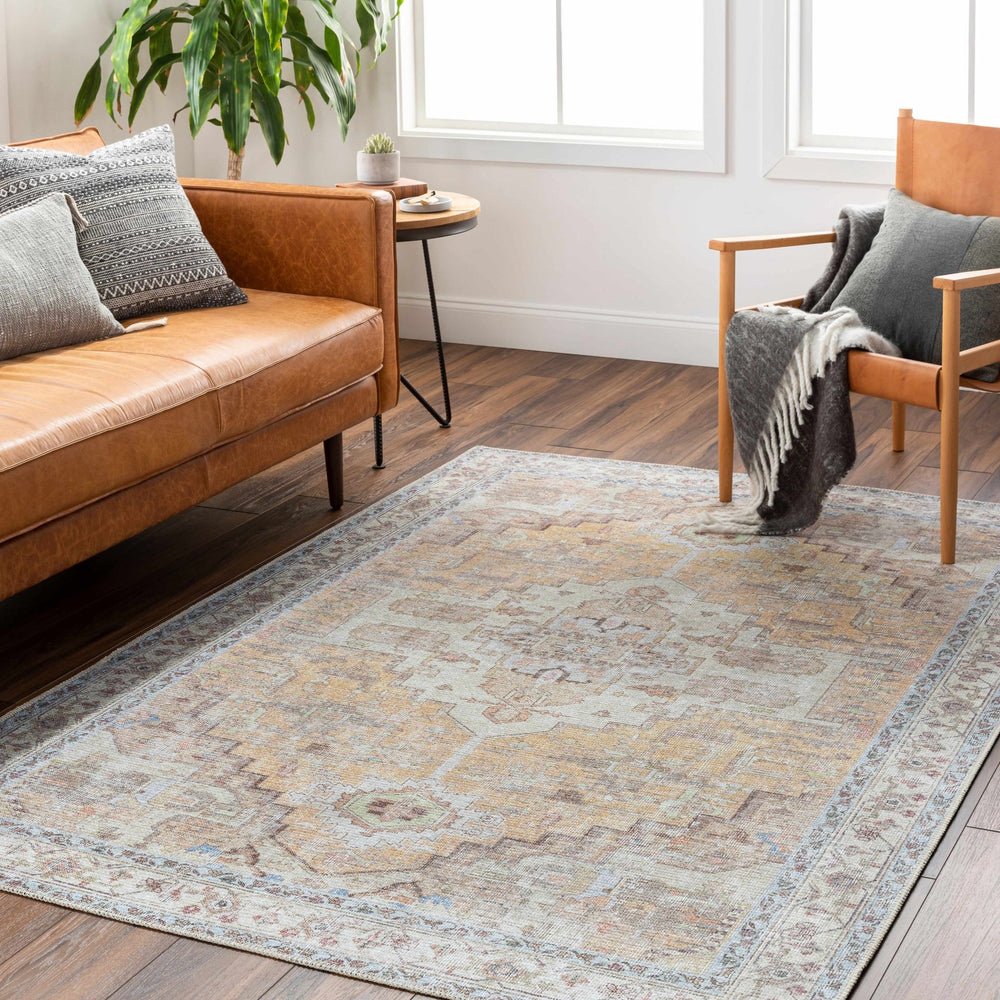 Reza Traditional Medallion Design Mustard Washable Rug - The Rug Decor