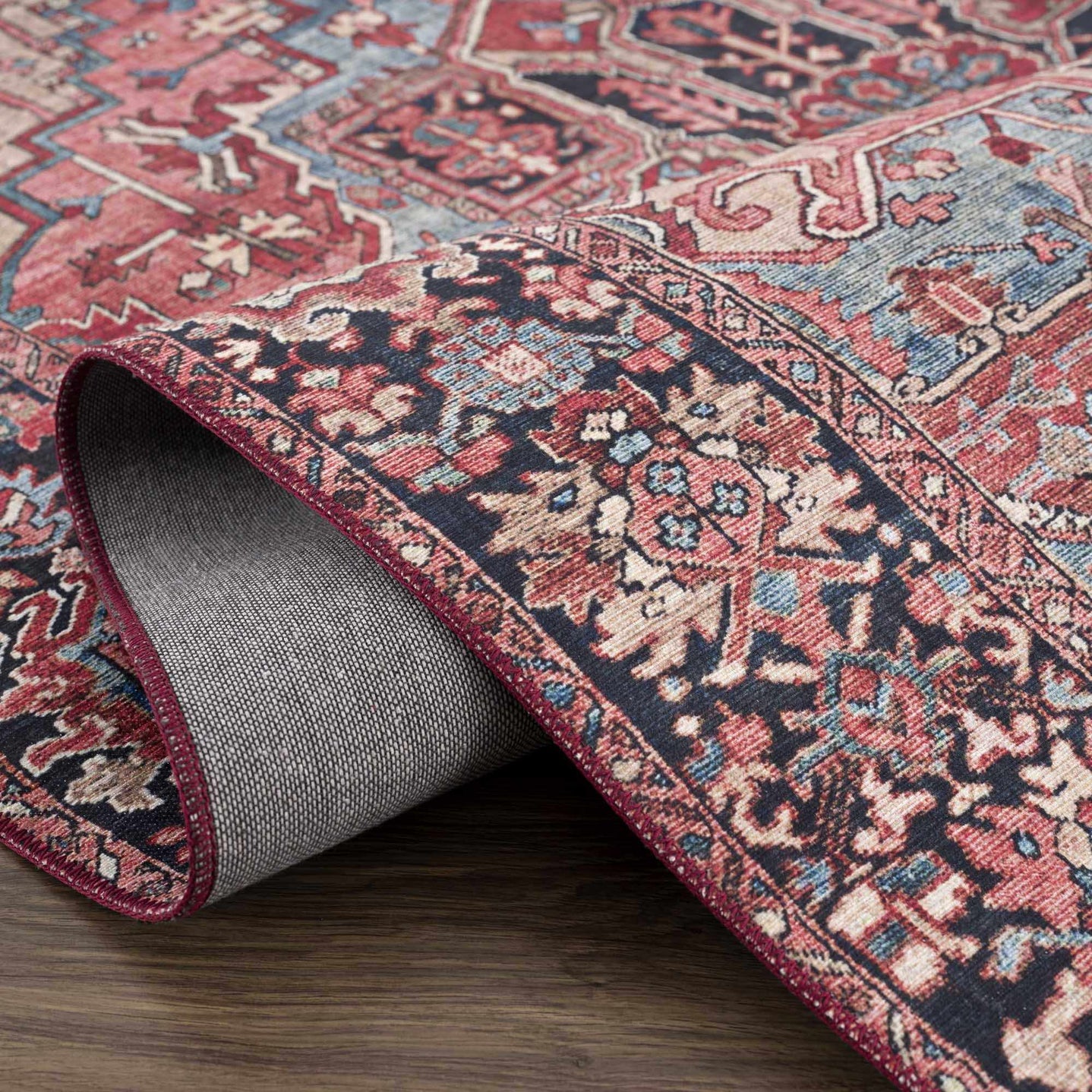 Rich Maroon, Tan and Blue Traditional Heriz Medallion Vintage Style Multi Size rug - The Rug Decor