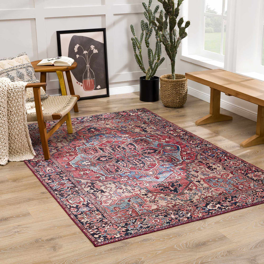 Rich Maroon, Tan and Blue Traditional Heriz Medallion Vintage Style Multi Size rug - The Rug Decor