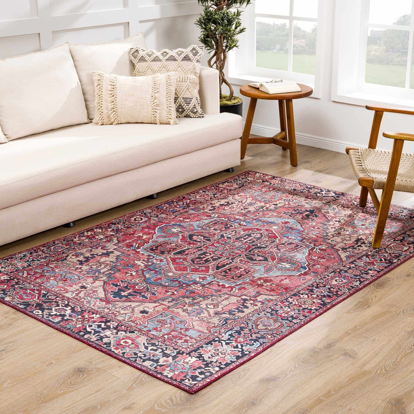 Rich Maroon, Tan and Blue Traditional Heriz Medallion Vintage Style Multi Size rug - The Rug Decor