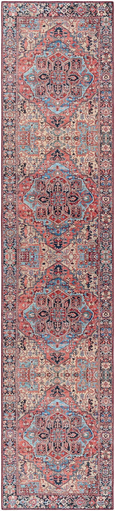 Rich Maroon, Tan and Blue Traditional Heriz Medallion Vintage Style Multi Size rug - The Rug Decor