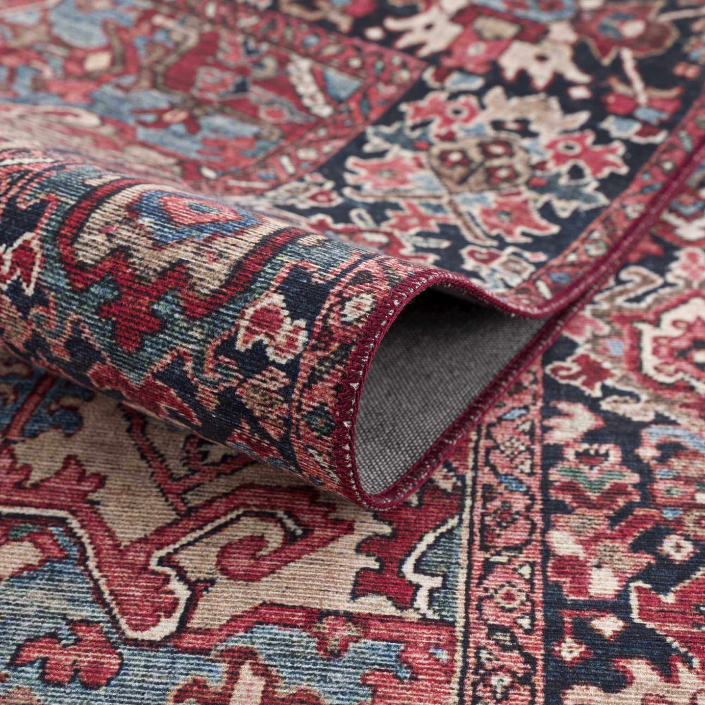 Rich Maroon, Tan and Blue Traditional Heriz Medallion Vintage Style Multi Size rug - The Rug Decor