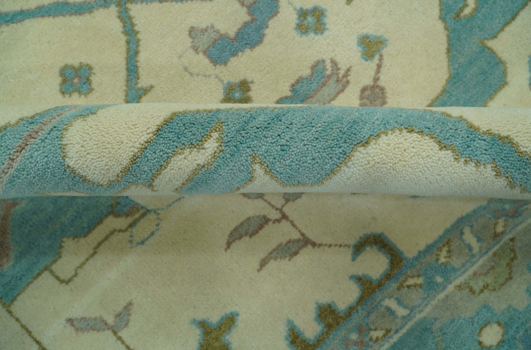 Richmond Custom Made Ivory and Teal Hand Knotted Oushak Wool Rug - The Rug Decor