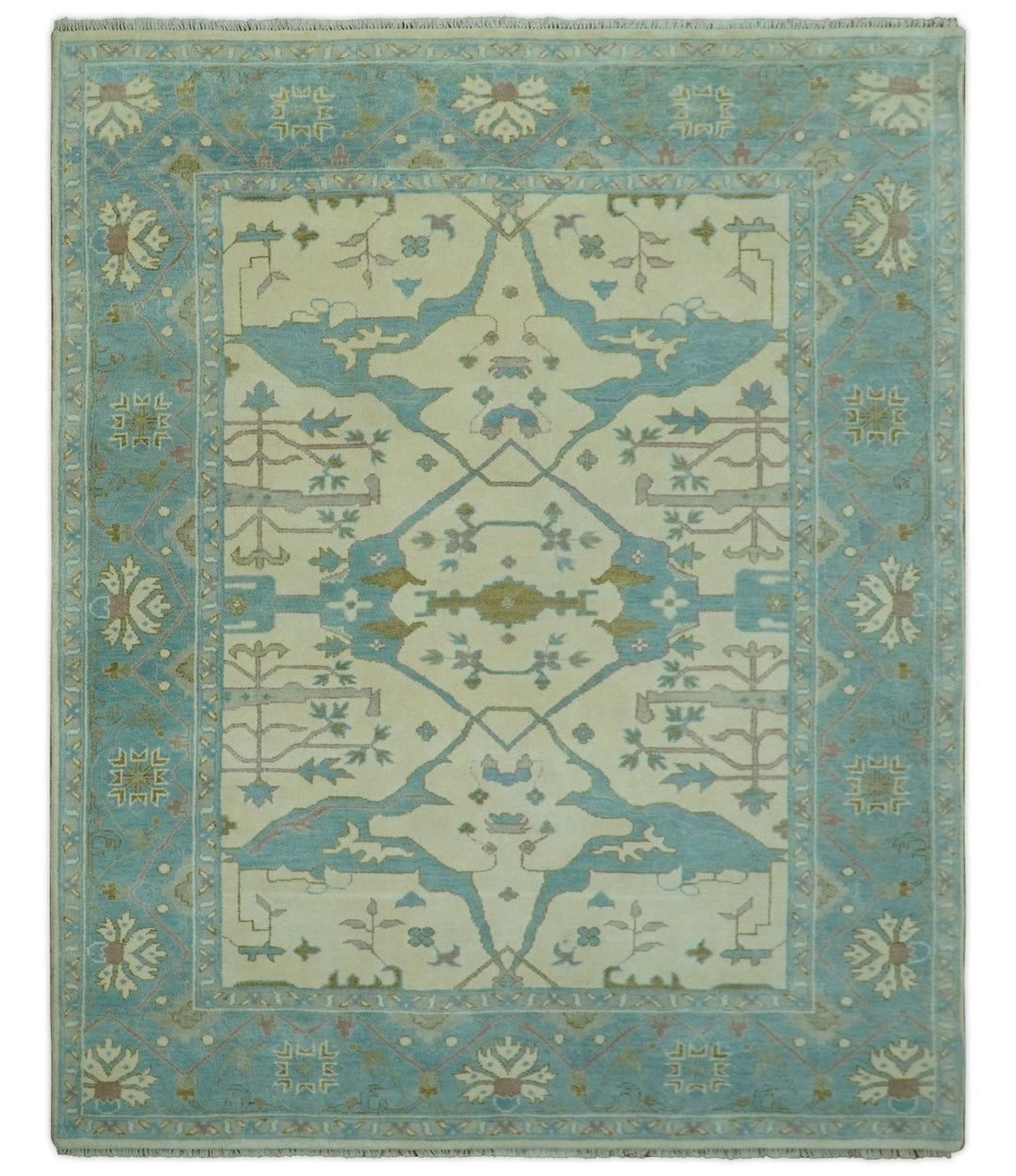 Richmond Custom Made Ivory and Teal Hand Knotted Oushak Wool Rug - The Rug Decor