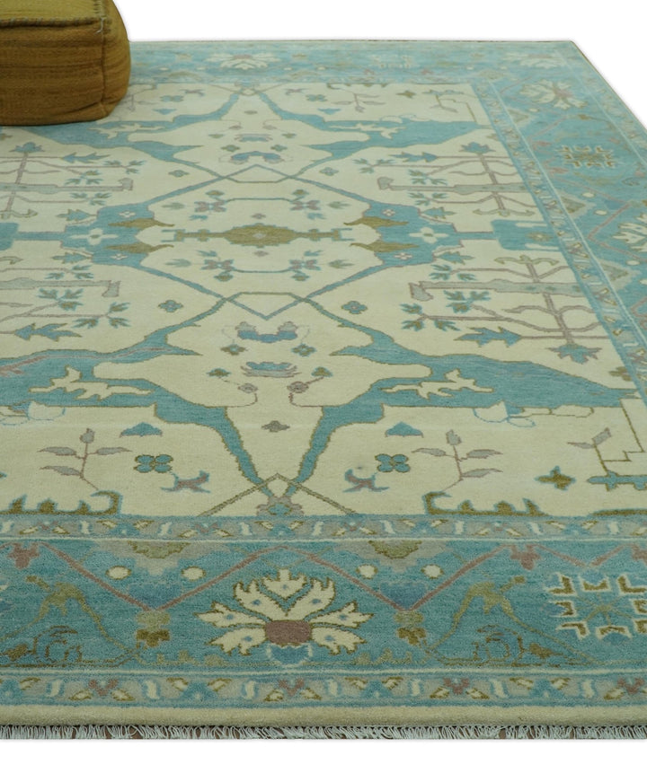 Richmond Custom Made Ivory and Teal Hand Knotted Oushak Wool Rug - The Rug Decor