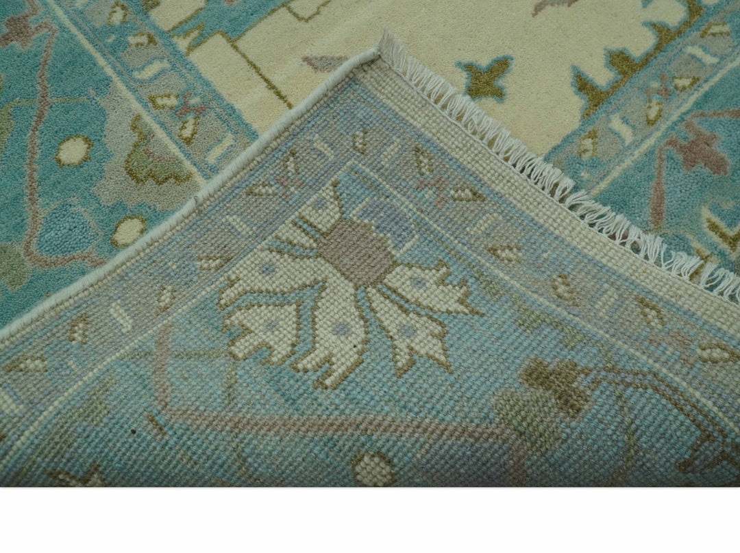 Richmond Custom Made Ivory and Teal Hand Knotted Oushak Wool Rug - The Rug Decor