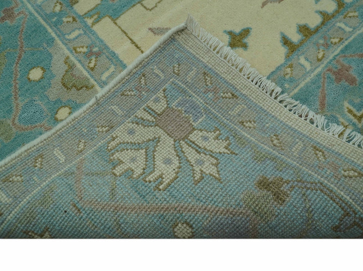 Richmond Custom Made Ivory and Teal Hand Knotted Oushak Wool Rug - The Rug Decor