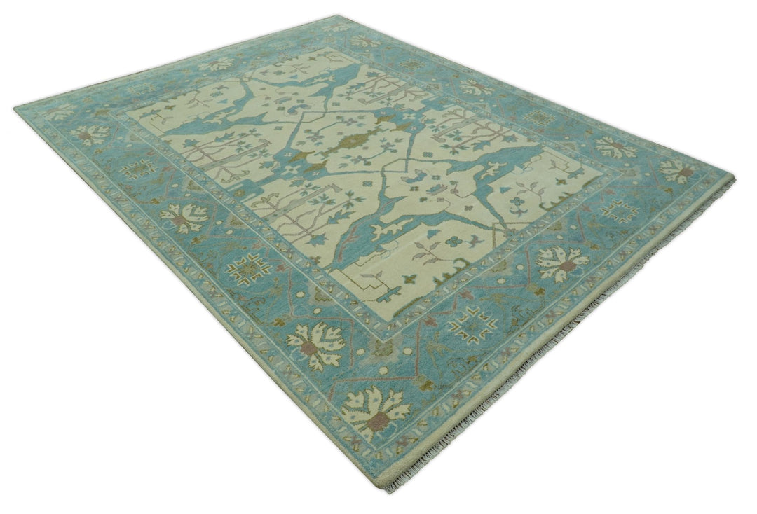 Richmond Custom Made Ivory and Teal Hand Knotted Oushak Wool Rug - The Rug Decor